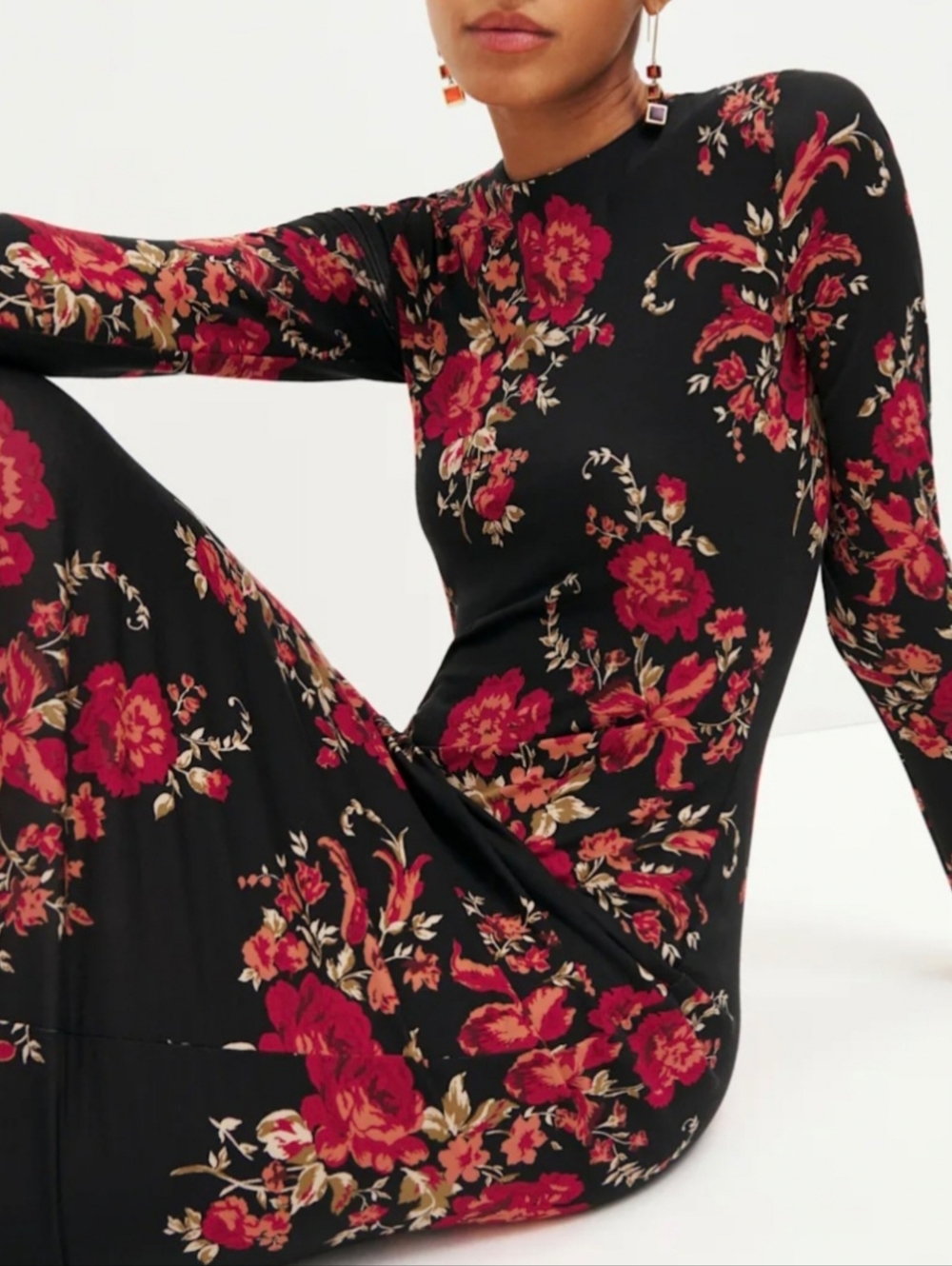 Reformation Tommie Knit Long Sleeve Maxi Dress - Black with Red Floral Sz Sm